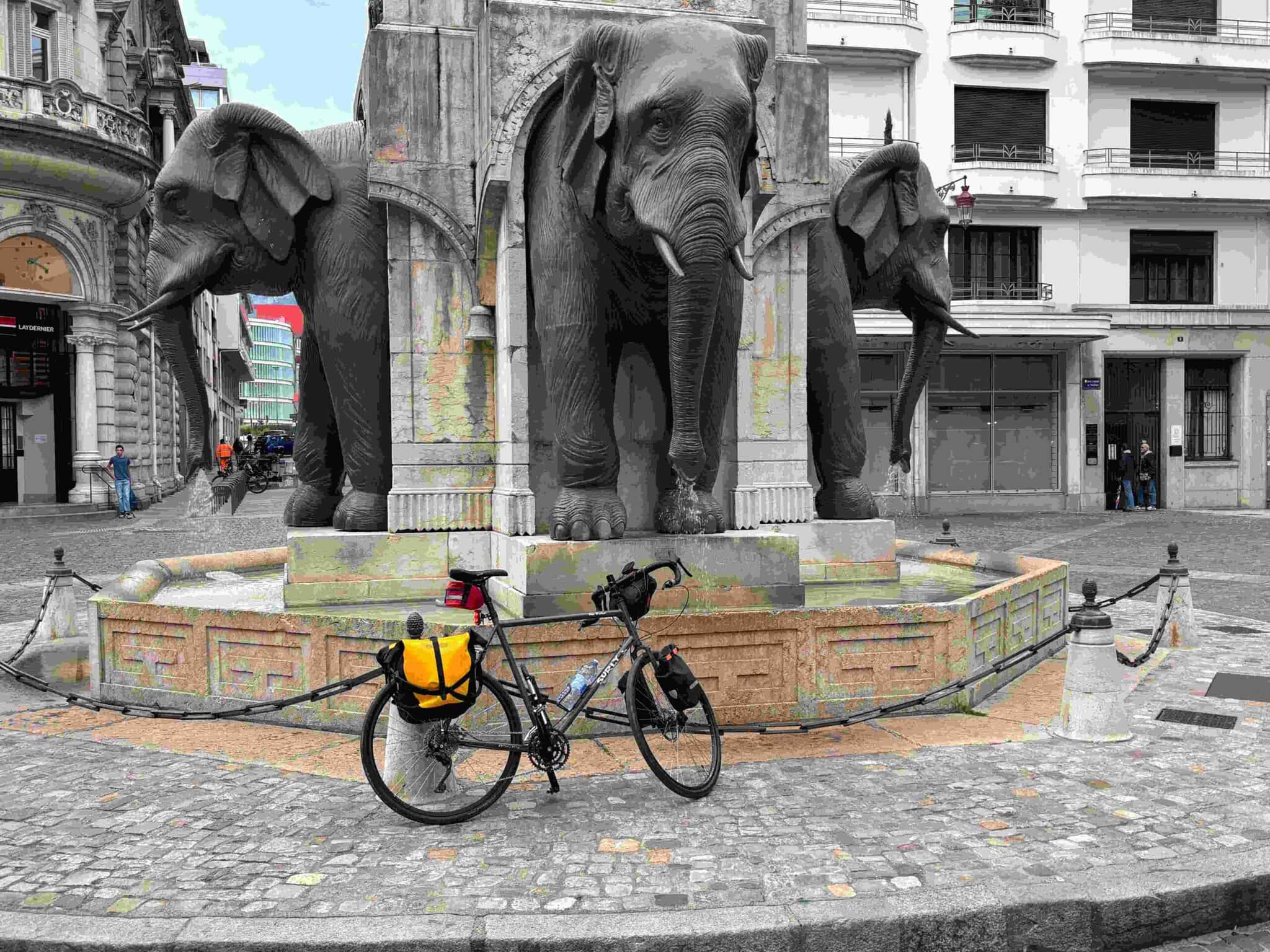 Paul's Surly bike parked by the Fountain of Elephants in Chambéry during a Ride & Seek Hannibal cycling tour