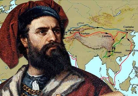 a historical-style illustration showing a bearded medieval traveler overlaid on a map of Asia, with routes across Central and East Asia marked in different colours. The map includes places such as Kashgar, Lanzhou, Cambaluc (Beijing), Yunnan and Amoy (Xiamen).