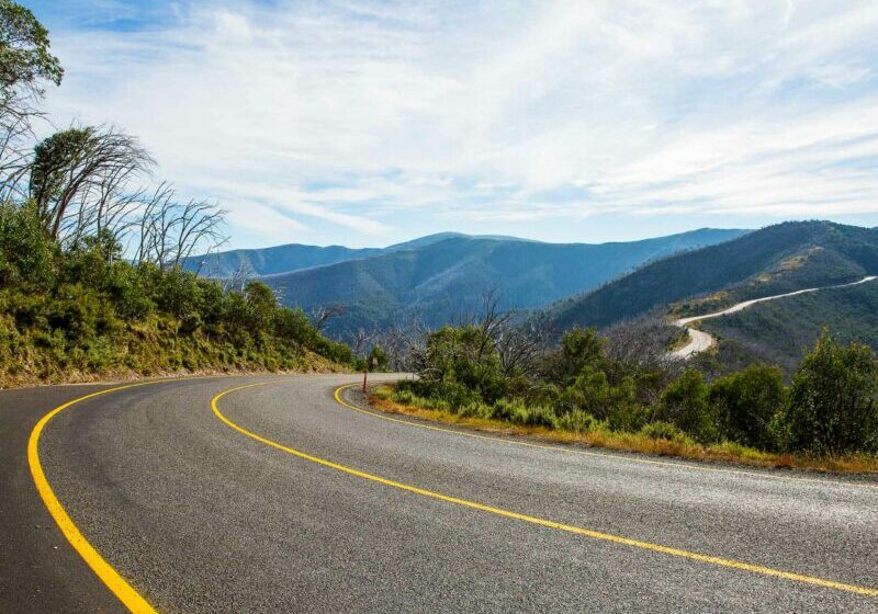 Strzelecki cycling tour Great Alpine Road View of the Great Alpine Road as it winds it's away along the top of the ridge to Hotham