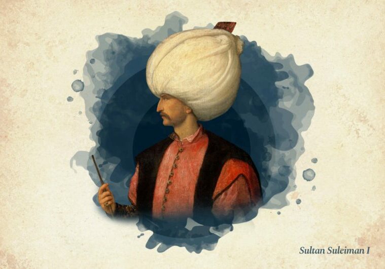 Painted portrait of Sultan Suleiman on a blue background with his head turned off to the left. He is wearing an oversized cream turban on his head, a red shirt and black vest, holdimg a thin rod in his right hand