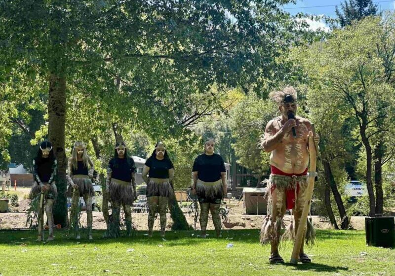 A man dressed in traditional a Bangerang Indigenous costume stands holding a microphone on a grassy patch. Behind him in the shade of a large tree is a group of Indigenous dancers also dressed in traditional costume.